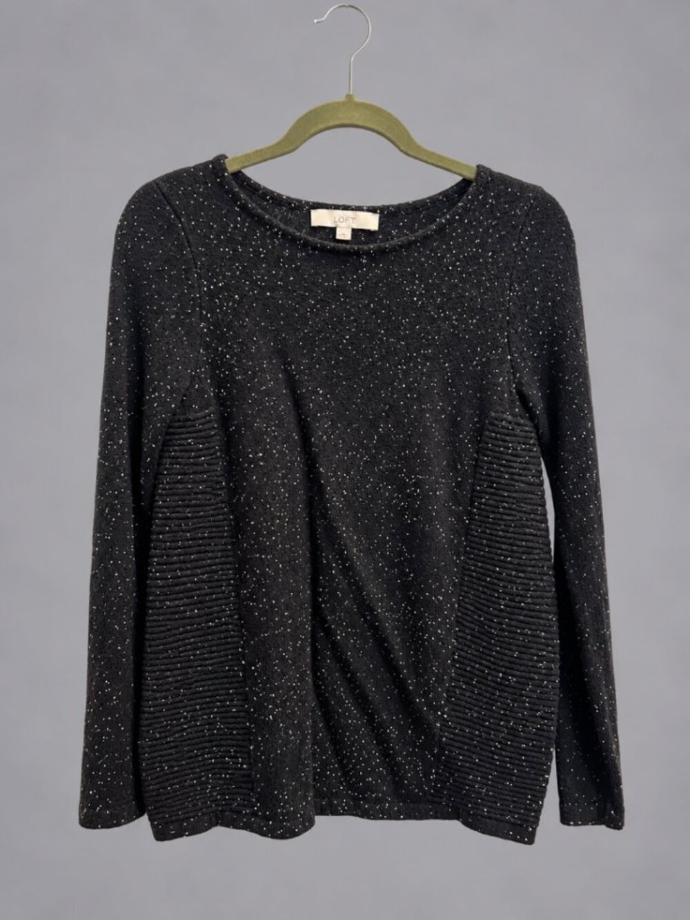 Ann Taylor LOFT Black Speckled Knit Sweater Side Slits Contrast Panels XS